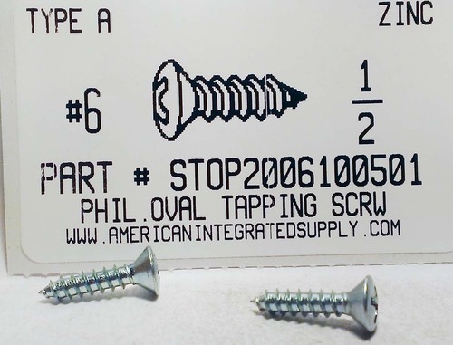 #6X1/2 OVAL HEAD PHILLIPS TAPPING SCREW A,AB STEEL ZINC PLATED