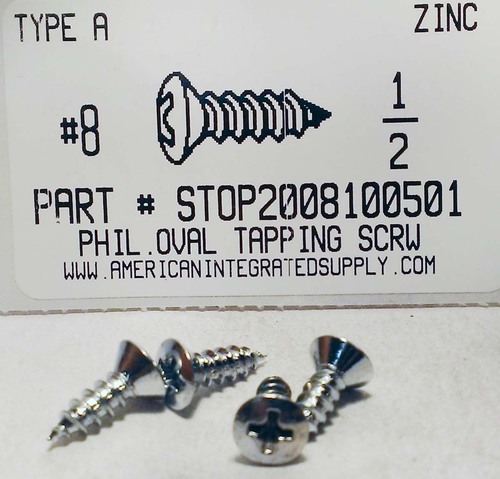 #8X1/2 OVAL HEAD PHILLIPS TAPPING SCREW A,AB STEEL ZINC PLATED