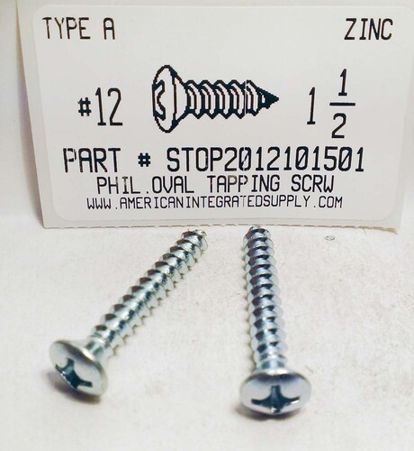 #12X1-1/2 OVAL HEAD PHILLIPS TAPPING SCREW A,AB STEEL ZINC PLATED