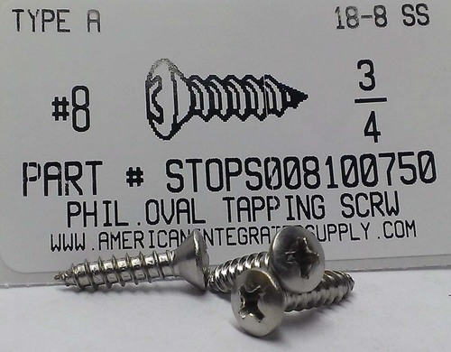 #8X3/4 OVAL HEAD PHILLIPS TAPPING SCREW A 18-8 STAINLESS STEEL