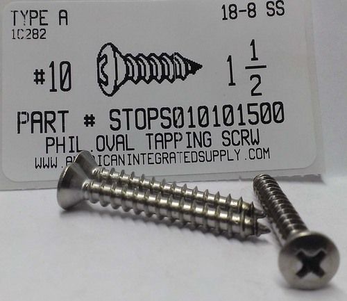 #10X1-1/2 OVAL HEAD PHILLIPS TAPPING SCREW A 18-8 STAINLESS STEEL