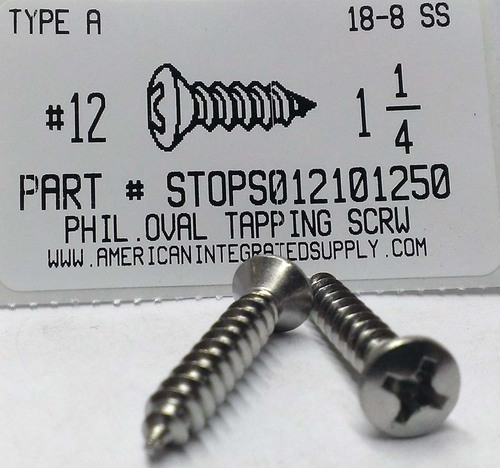 #12X1-1/4 OVAL HEAD PHILLIPS TAPPING SCREW A 18-8 STAINLESS STEEL