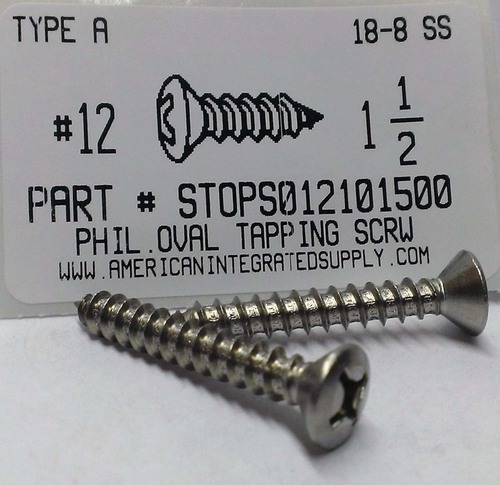 #12X1-1/2 OVAL HEAD PHILLIPS TAPPING SCREW A 18-8 STAINLESS STEEL