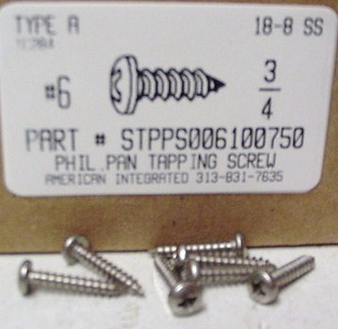 #6X3/4 PAN HEAD PHILLIPS TAPPING SCREW A 18-8 STAINLESS STEEL