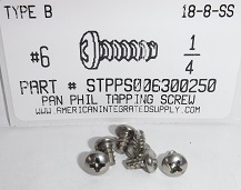 #6X1/4 PAN HEAD PHILLIPS TAPPING SCREW TYPE B 18-8 STAINLESS STEEL