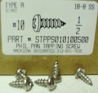 #10X1/2 PAN HEAD PHILLIPS TAPPING SCREW A 18-8 STAINLESS STEEL