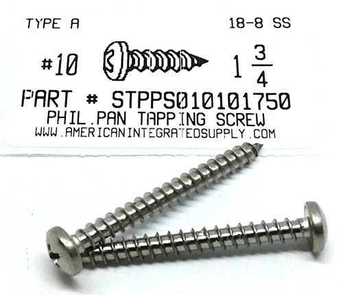 #10X1-3/4 PAN HEAD PHILLIPS TAPPING SCREW A 18-8 STAINLESS STEEL