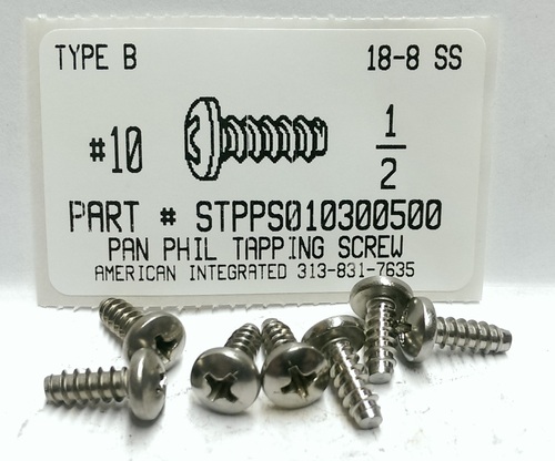 #10X1/2 PAN HEAD PHILLIPS TAPPING SCREW TYPE B 18-8 STAINLESS STEEL