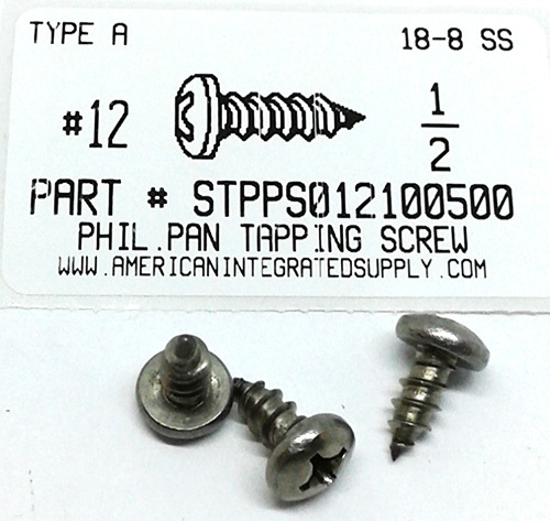 #12X1/2 PAN HEAD PHILLIPS TAPPING SCREW A 18-8 STAINLESS STEEL