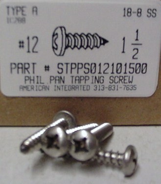 #12X1-1/2 PAN HEAD PHILLIPS TAPPING SCREW A 18-8 STAINLESS STEEL