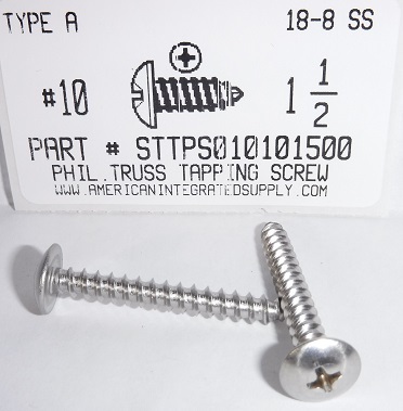 #10X1-1/2 TRUSS HEAD PHILLIPS TAPPING SCREW A 18-8 STAINLESS STEEL