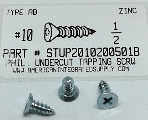 #10X1/2 UNDERCUT FLAT HEAD PHILLIPS TAPPING SCREW AB STEEL ZINC PLATED