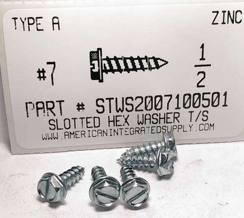 #7X1/2 HEX WASHER HEAD SLOTTED TAPPING SCREW A,AB STEEL ZINC PLATED