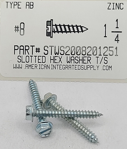 #8-18X1-1/4 HEX WASHER HEAD SLOTTED TAPPING SCREW AB STEEL ZINC PLATED