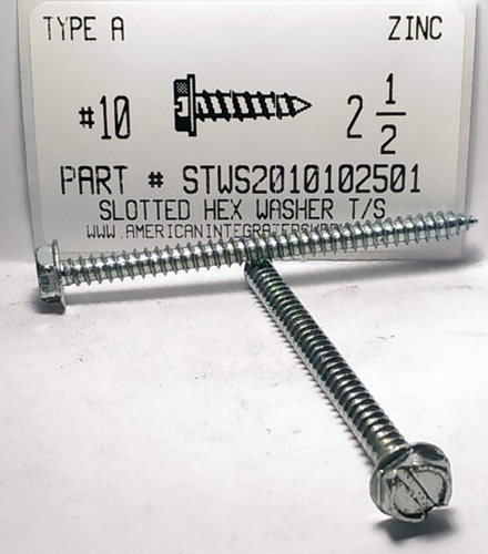 #10X2-1/2 HEX WASHER HEAD SLOTTED TAPPING SCREW A,AB STEEL ZINC PLATED