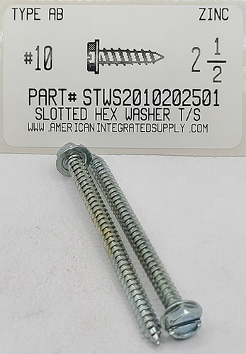 #10X2-1/2 HEX WASHER HEAD SLOTTED TAPPING SCREW AB STEEL ZINC PLATED