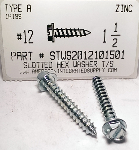 #12X1-1/2 HEX WASHER HEAD SLOTTED TAPPING SCREW A,AB STEEL ZINC PLATED