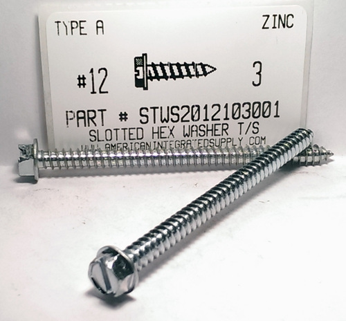 #12X3 HEX WASHER HEAD SLOTTED TAPPING SCREW A STEEL ZINC PLATED