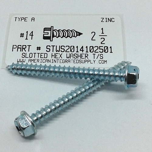 #14X2-1/2 HEX WASHER HEAD SLOTTED TAPPING SCREW A STEEL ZINC PLATED