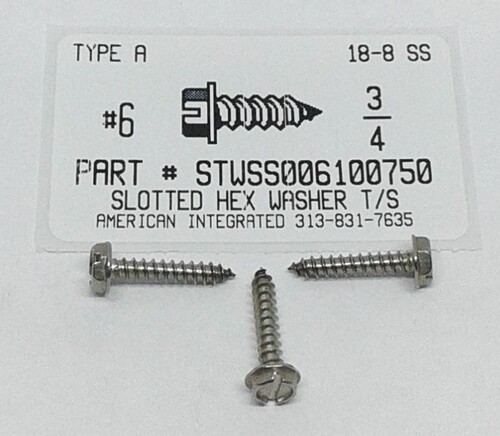 #6X3/4 HEX WASHER HEAD SLOTTED TAPPING SCREW A 18-8 STAINLESS STEEL