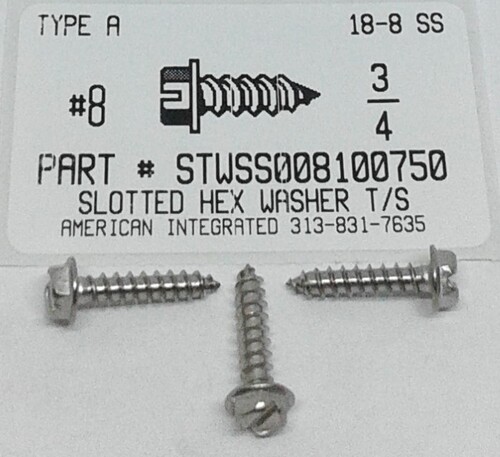 #8X3/4 HEX WASHER HEAD SLOTTED TAPPING SCREW A 18-8 STAINLESS STEEL