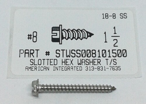 #8X1-1/2 HEX WASHER HEAD SLOTTED TAPPING SCREW A 18-8 STAINLESS STEEL