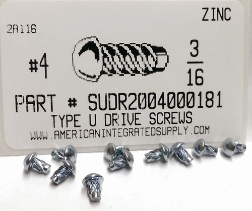 #4X3/16 ROUND HEAD U-DRIVE SCREW STEEL ZINC PLATED USE #37 DRILL REC. HOLE .104"