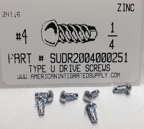 #4X1/4 ROUND HEAD U-DRIVE SCREW STEEL ZINC PLATED USE #37 DRILL REC. HOLE .104"