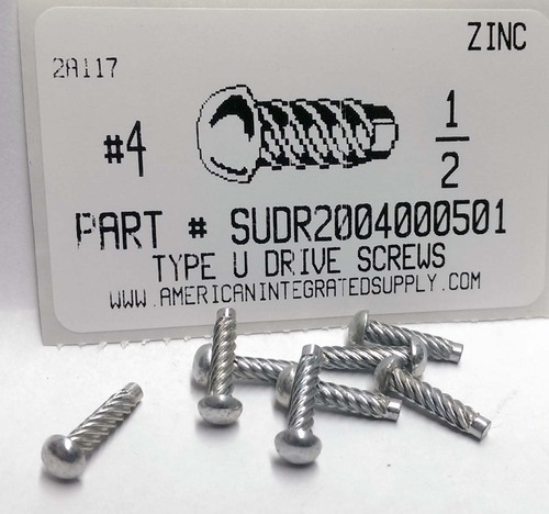 #4X1/2 ROUND HEAD U-DRIVE SCREW STEEL ZINC PLATED USE #37 DRILL REC. HOLE .104"