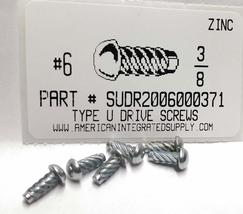 #6X3/8 ROUND HEAD U-DRIVE SCREW STEEL ZINC PLATED USE #31 DRILL REC. HOLE .120"