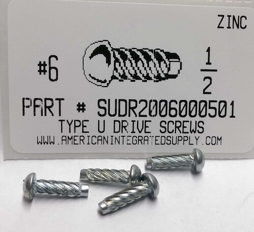 #6X1/2 ROUND HEAD U-DRIVE SCREW STEEL ZINC PLATED USE #31 DRILL REC. HOLE .120"