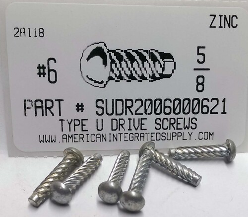 #6X5/8 ROUND HEAD U-DRIVE SCREW STEEL ZINC USE #31 DRILL. REC. HOLE .120"