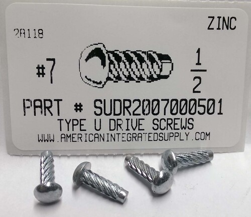 #7X1/2 ROUND HEAD U-DRIVE SCREW STEEL ZINC PLATED USE #29 DRILL REC. HOLE .136"