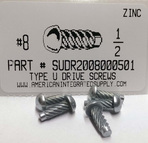 #8X1/2 ROUND HEAD U-DRIVE SCREW STEEL ZINC PLATED USE #27 DRILL REC. HOLE .144"