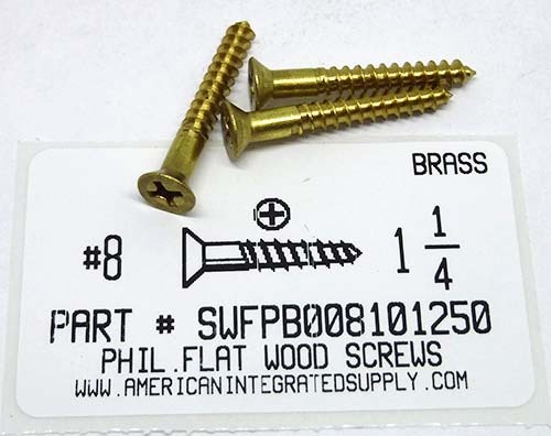 #8X1-1/4 FLAT HEAD PHILLIPS WOOD SCREW BRASS