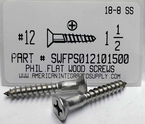 #12X1-1/2 FLAT HEAD PHILLIPS WOOD SCREW 18-8 STAINLESS STEEL