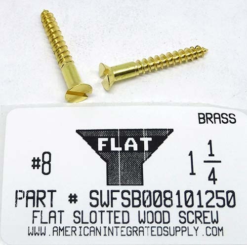 #8X1-1/4 FLAT HEAD SLOTTED WOOD SCREW BRASS