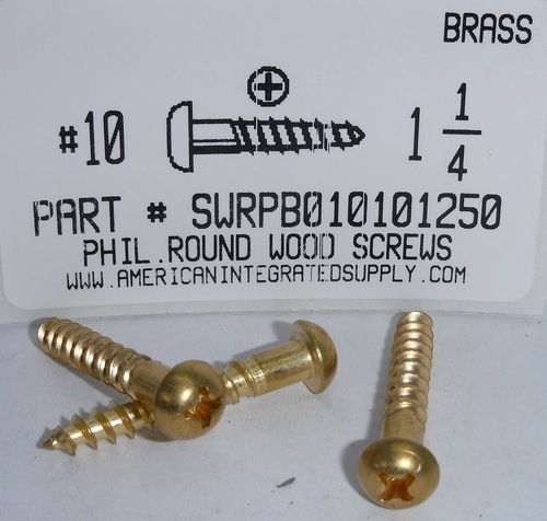 #10X1-1/4 ROUND HEAD PHILLIPS WOOD SCREW BRASS