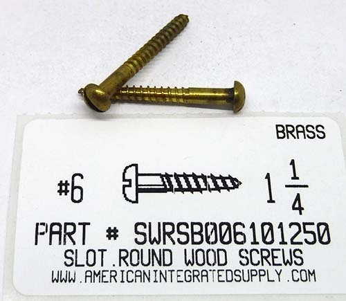 #6X1-1/4 ROUND HEAD SLOTTED WOOD SCREW BRASS