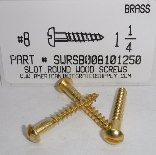 #8X1-1/4 ROUND HEAD SLOTTED WOOD SCREW BRASS