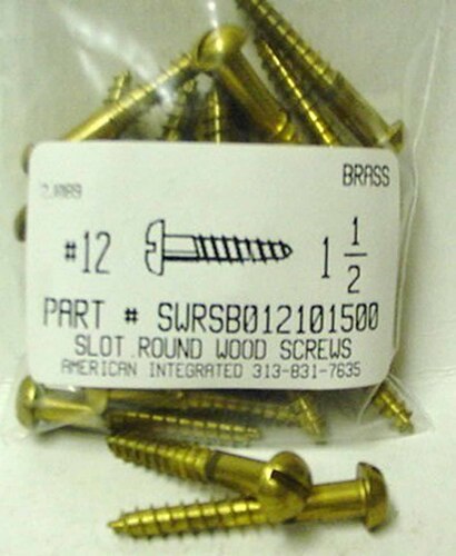 #12X1-1/2 ROUND HEAD SLOTTED WOOD SCREW BRASS