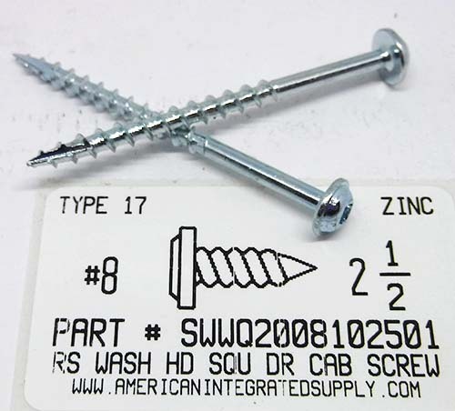 #8X2-1/2 ROUND WASHER HEAD SQUARE DRIVE CABINET SCREWS STEEL ZINC PLATED