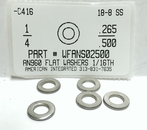 1/4 AN FLAT WASHER 18-8 STAINLESS STEEL .265" INNER DIAMETER X.500" OUTER DIAMETER X1/16" THICK