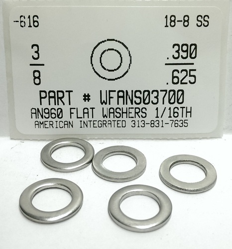 3/8 AN FLAT WASHER 18-8 STAINLESS STEEL .390" INNER DIAMETER X.625" OUTER DIAMETER X1/16" THICK