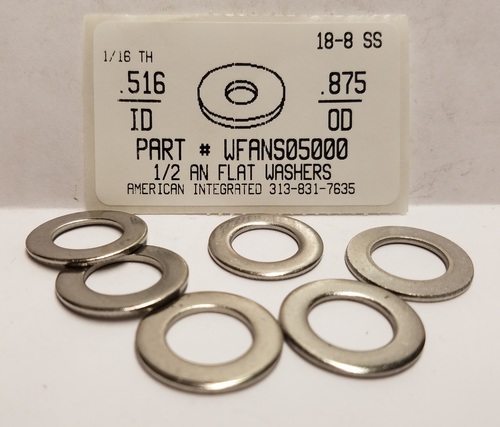 1/2 AN FLAT WASHER 18-8 STAINLESS STEEL .516" INNER DIAMETER X.875" OUTER DIAMETER X1/16" THICK