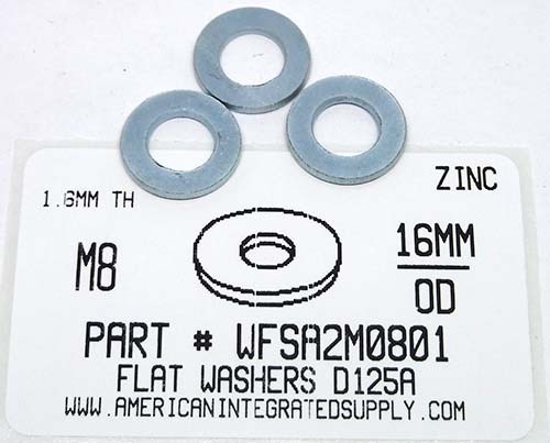 M8 FLAT WASHER STEEL ZINC PLATED D125A 8.4 IDX16 ODX1.6MM THICK