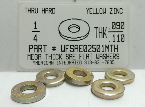 1/4 SAE MEGA THICK FLAT WASHER THRU HARDENED STEEL YELLOW ZINC PLATED .090-.110 THICK