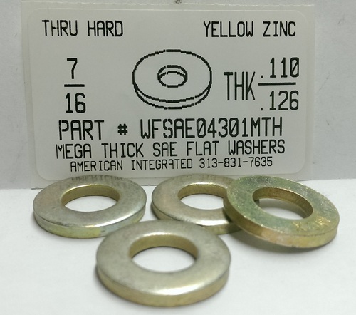 7/16 SAE MEGA THICK FLAT WASHER THRU HARDENED STEEL YELLOW ZINC PLATED .110-.126 THICK