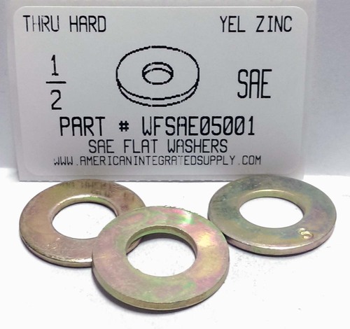 1/2 SAE FLAT WASHER THRU HARDENED STEEL YELLOW ZINC PLATED 1-1/16" OUTER DIAMETER