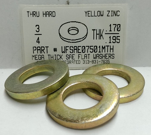 3/4 SAE MEGA THICK FLAT WASHER THRU HARDENED STEEL YELLOW ZINC PLATED .170-.195 THICK